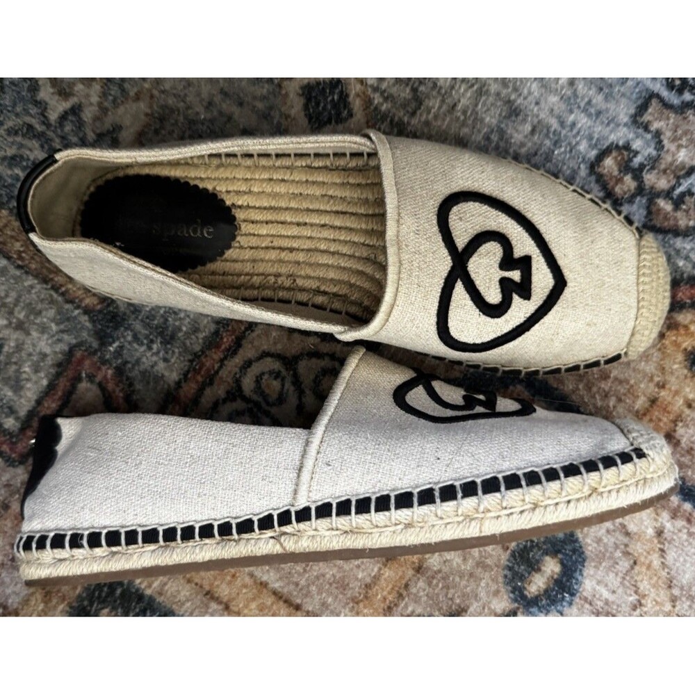 EUC Kate Spade Gwen Heart Spade Espadrilles Canvas Slip On Flat Cream Beige 7